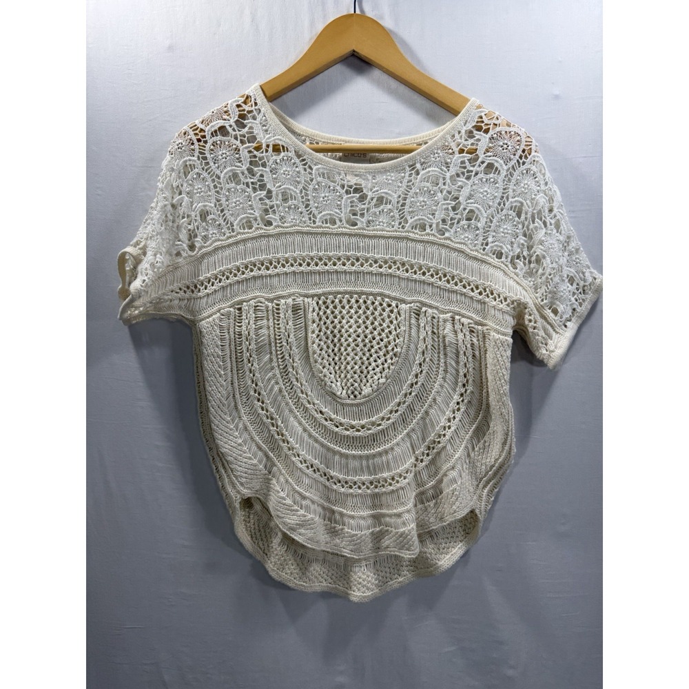 Chico's Crochet Knit Top Cream Short Sleeve Open Knit Women 0 (S) Boho Beach